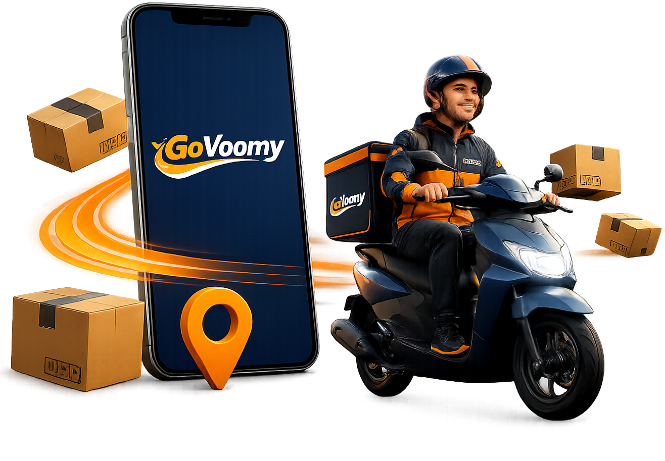 App de GoVoomy con un govoomer entregando un pedido en moto